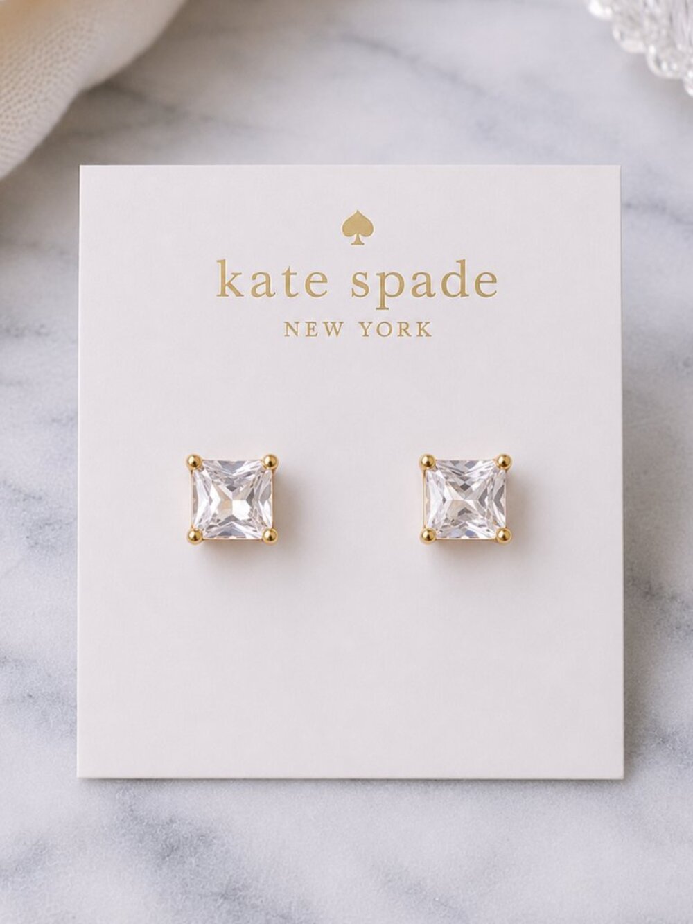 Kate Spade Clear Crystal Square Stud Earrings Gold Tone